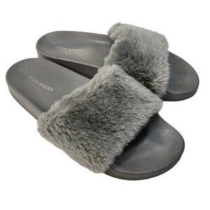 Steve Madden Softey Gray Faux Fur Slide Slipper Sandals - Size 10